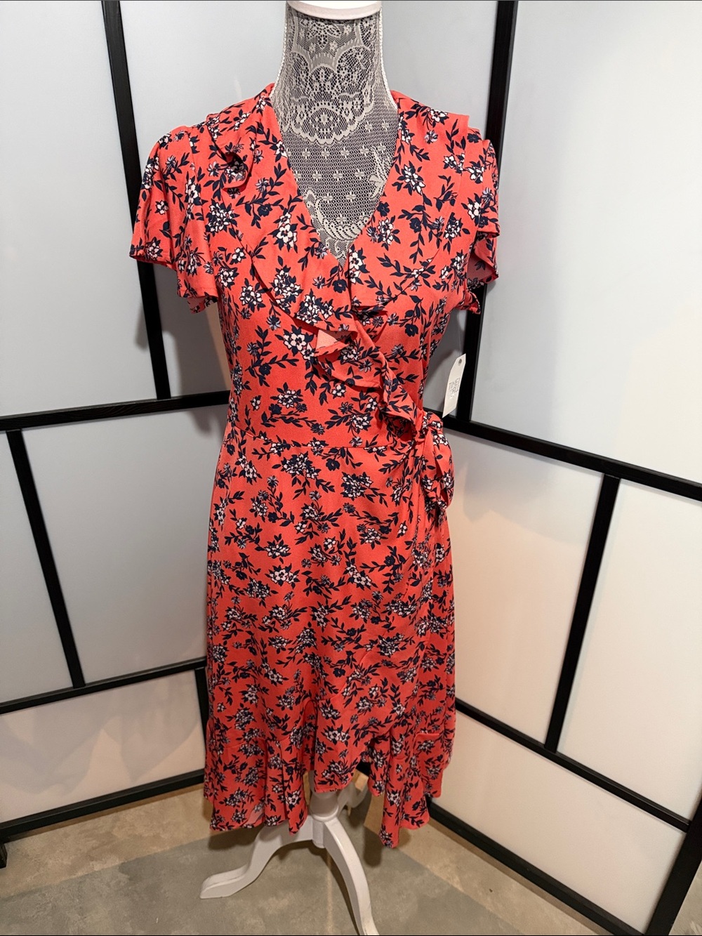 Time and Tru Coral Floral Wrap Midi Dress with Navy Print